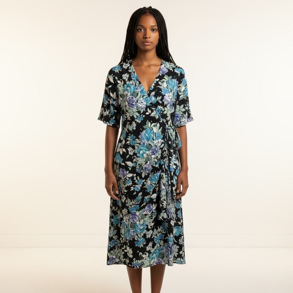 Laura Ashley Floral Midi Dress US 12 Black Blue Rayon Draped Waist Vintage